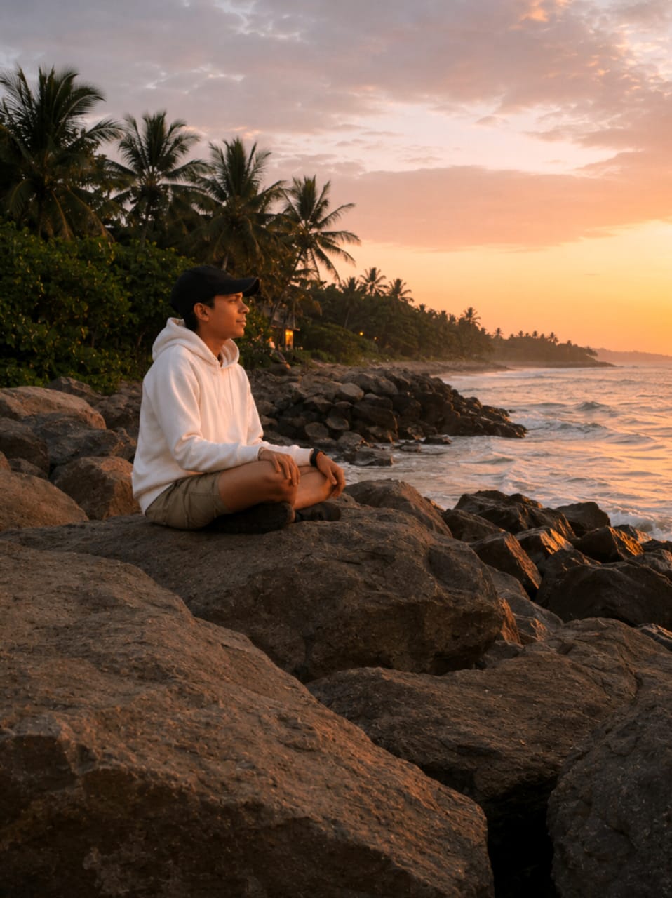 Person sitting on rocks by the ocean at sunset, gazing peacefully at the horizon